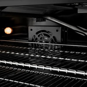 ZLINE Autograph Edition 36 in. 5.2 cu. ft. Paramount Gas Range with 6 Burner DuoPro™ Cooktop and Convection Gas Oven in Black Stainless Steel and Polished Gold Accents (PSGRBZ-36-G) convection fan and lighting inside oven.