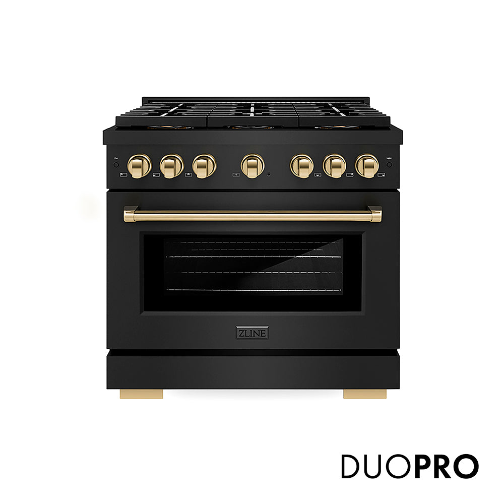 ZLINE Autograph Edition 36 in. 5.2 cu. ft. Paramount Gas Range with 6 Burner DuoPro™ Cooktop and Convection Gas Oven in Black Stainless Steel and Polished Gold Accents (PSGRBZ-36-G)