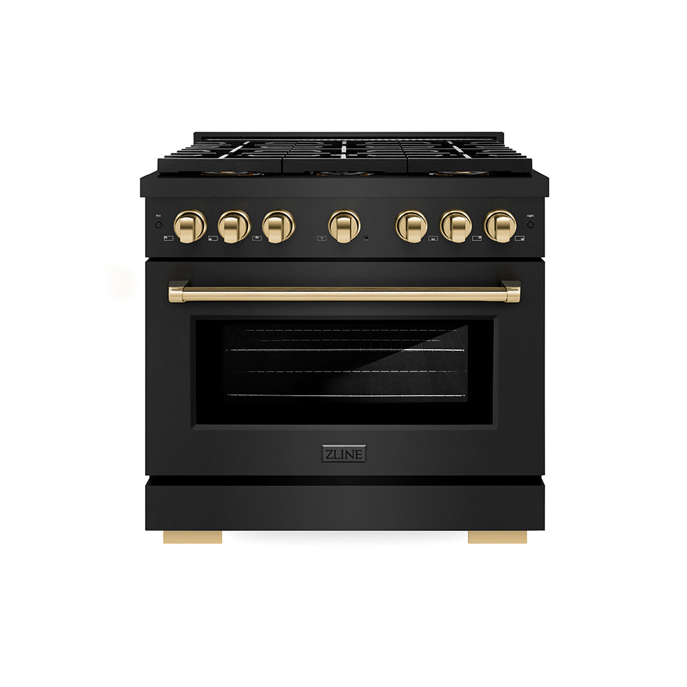 ZLINE Autograph Edition 36 in. 5.2 cu. ft. Paramount Gas Range with 6 Burner DuoPro™ Cooktop and Convection Gas Oven in Black Stainless Steel and Polished Gold Accents (PSGRBZ-36-G)