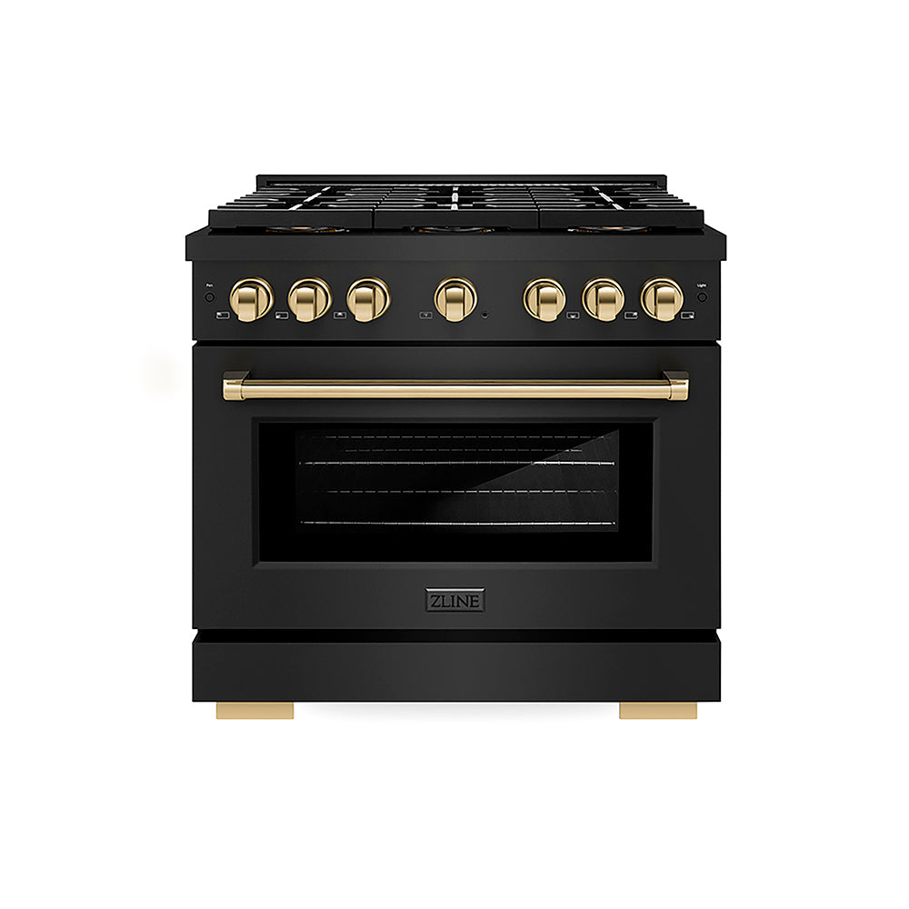 ZLINE Autograph Edition 36 in. 5.2 cu. ft. Paramount Gas Range with 6 Burner DuoPro™ Cooktop and Convection Gas Oven in Black Stainless Steel and Polished Gold Accents (PSGRBZ-36-G)