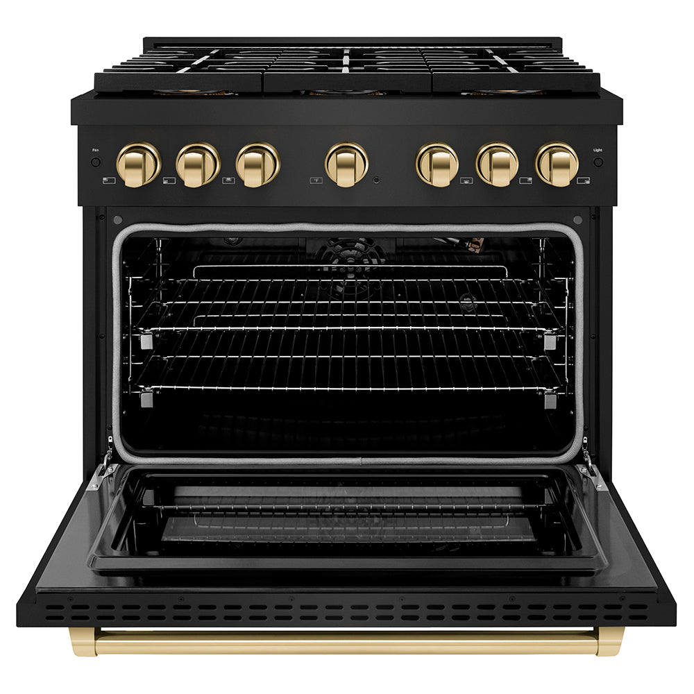 ZLINE Autograph Edition 36 in. 5.2 cu. ft. Paramount Gas Range with 6 Burner DuoPro™ Cooktop and Convection Gas Oven in Black Stainless Steel and Polished Gold Accents (PSGRBZ-36-G) front, oven open.