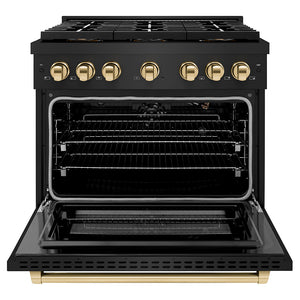 ZLINE Autograph Edition 36 in. 5.2 cu. ft. Paramount Gas Range with 6 Burner DuoPro™ Cooktop and Convection Gas Oven in Black Stainless Steel and Polished Gold Accents (PSGRBZ-36-G) front, oven open.