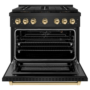 ZLINE Autograph Edition 36 in. 5.2 cu. ft. Paramount Gas Range with 6 Burner DuoPro™ Cooktop and Convection Gas Oven in Black Stainless Steel and Polished Gold Accents (PSGRBZ-36-G)