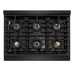 ZLINE Autograph Edition 36 in. 5.2 cu. ft. Paramount Gas Range with 6 Burner DuoPro™ Cooktop and Convection Gas Oven in Black Stainless Steel and Polished Gold Accents (PSGRBZ-36-G) top-down, above cooktop.