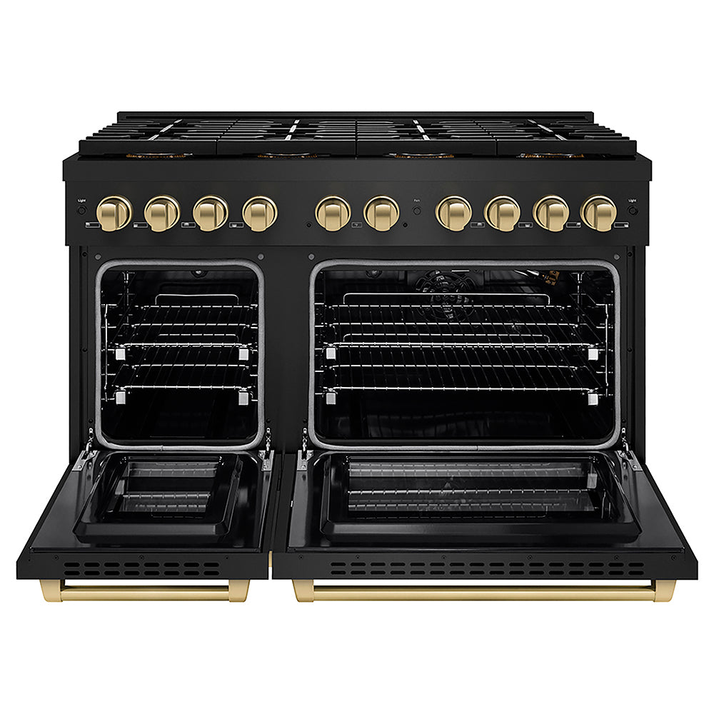 ZLINE Autograph Edition 48 in. 6.7 cu. ft. Paramount Gas Range with 8 Burner DuoPro™ Cooktop and Dual Ovens in Black Stainless Steel and Champagne Bronze Accents (PSGRBZ-48-CB)