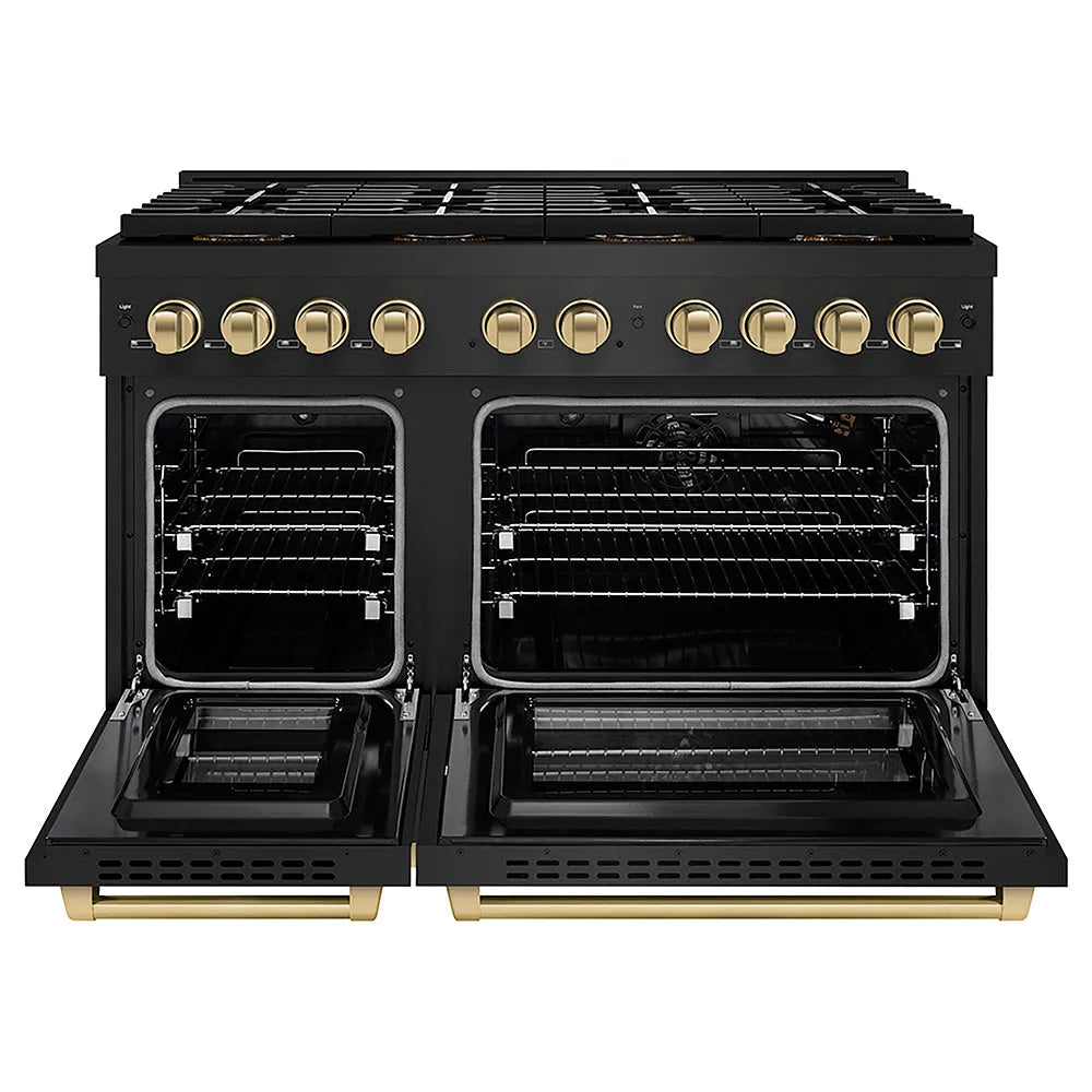 ZLINE Autograph Edition 48 in. 6.7 cu. ft. Paramount Gas Range with 8 Burner DuoPro™ Cooktop and Dual Ovens in Black Stainless Steel and Champagne Bronze Accents (PSGRBZ-48-CB) front, oven open.