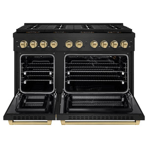 ZLINE Autograph Edition 48 in. 6.7 cu. ft. Paramount Gas Range with 8 Burner DuoPro™ Cooktop and Dual Ovens in Black Stainless Steel and Champagne Bronze Accents (PSGRBZ-48-CB) front, oven open.