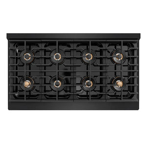 ZLINE Autograph Edition 48 in. 6.7 cu. ft. Paramount Gas Range with 8 Burner DuoPro™ Cooktop and Dual Ovens in Black Stainless Steel and Champagne Bronze Accents (PSGRBZ-48-CB) top-down, above cooktop.