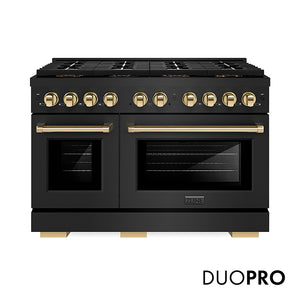 ZLINE Autograph Edition 48 in. 6.7 cu. ft. Paramount Gas Range with 8 Burner DuoPro™ Cooktop and Dual Ovens in Black Stainless Steel and Polished Gold Accents (PSGRBZ-48-G)