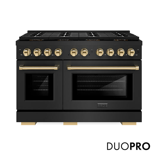 ZLINE Autograph Edition 48 in. 6.7 cu. ft. Paramount Gas Range with 8 Burner DuoPro™ Cooktop and Dual Ovens in Black Stainless Steel and Polished Gold Accents (PSGRBZ-48-G)