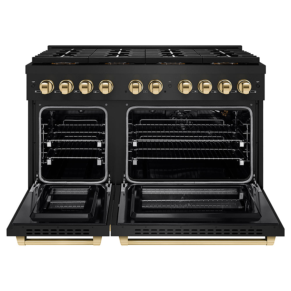 ZLINE Autograph Edition 48 in. 6.7 cu. ft. Paramount Gas Range with 8 Burner DuoPro™ Cooktop and Dual Ovens in Black Stainless Steel and Polished Gold Accents (PSGRBZ-48-G)