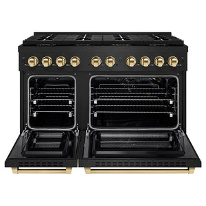 ZLINE Autograph Edition 48 in. 6.7 cu. ft. Paramount Gas Range with 8 Burner DuoPro™ Cooktop and Dual Ovens in Black Stainless Steel and Polished Gold Accents (PSGRBZ-48-G)
