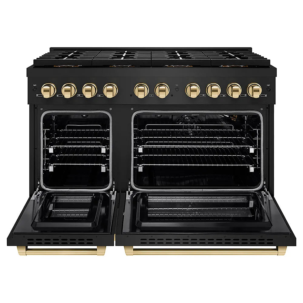 ZLINE Autograph Edition 48 in. 6.7 cu. ft. Paramount Gas Range with 8 Burner DuoPro™ Cooktop and Dual Ovens in Black Stainless Steel and Polished Gold Accents (PSGRBZ-48-G) front, oven open.