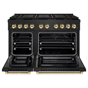 ZLINE Autograph Edition 48 in. 6.7 cu. ft. Paramount Gas Range with 8 Burner DuoPro™ Cooktop and Dual Ovens in Black Stainless Steel and Polished Gold Accents (PSGRBZ-48-G) front, oven open.
