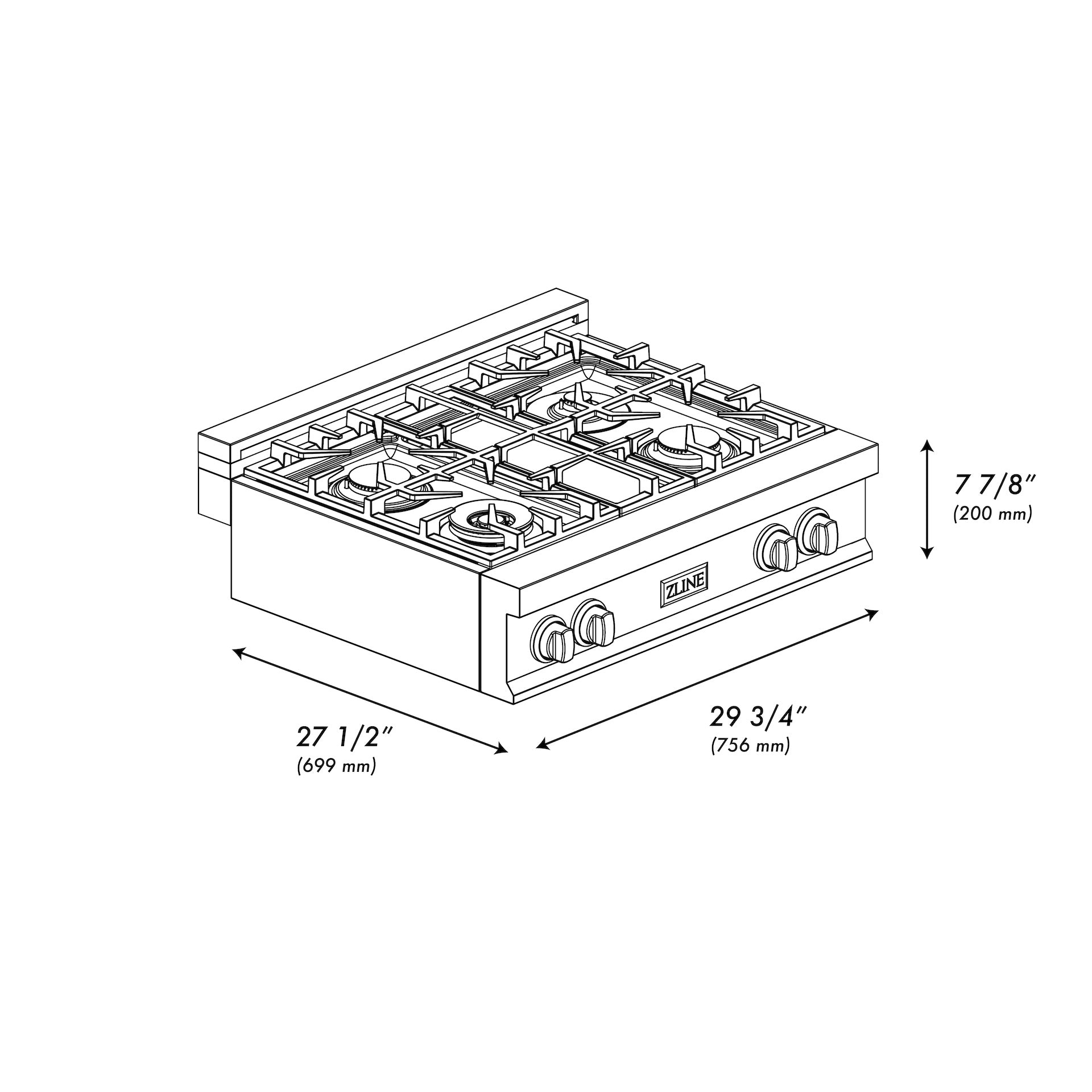 ZLINE 30 in. Porcelain Rangetop in Black Stainless with Brass Burners (RTB-BR-30) dimensional diagram with measurements.