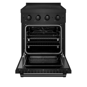 ZLINE 24 in. 3.2 cu. ft. Paramount Induction Range with 3 Element Cooktop and Electric Convection Oven in Black Stainless Steel (SINRB-24) front, oven open.