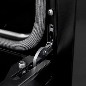 ZLINE 24 in. 3.2 cu. ft. Paramount Induction Range with 3 Element Cooktop and Electric Convection Oven in Black Stainless Steel (SINRB-24) close-up, StayPut oven door hinge.