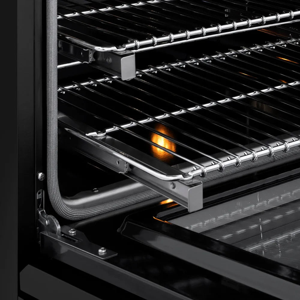 ZLINE 24 in. 3.2 cu. ft. Paramount Induction Range with 3 Element Cooktop and Electric Convection Oven in Black Stainless Steel (SINRB-24) close-up, oven open showing SmoothGlide racks and interior components.