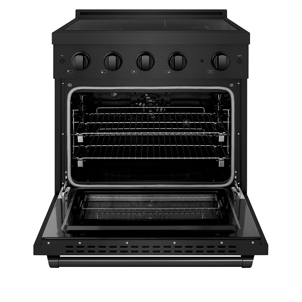 ZLINE 30 in. 4.2 cu. ft. Paramount Induction Range with 4 Element Cooktop and Electric Convection Oven in Black Stainless Steel (SINRB-30) front, oven open.