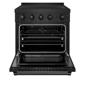 ZLINE 30 in. 4.2 cu. ft. Paramount Induction Range with 4 Element Cooktop and Electric Convection Oven in Black Stainless Steel (SINRB-30) front, oven open.