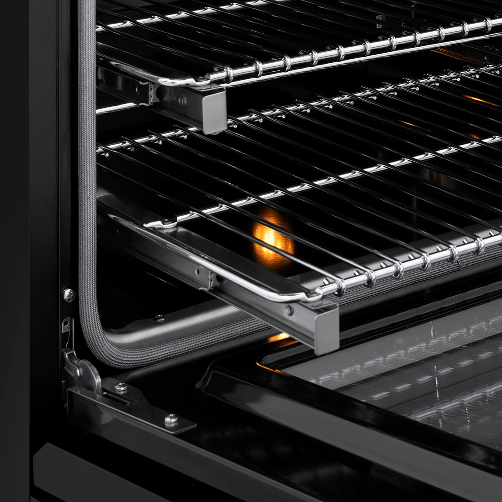 ZLINE 30 in. 4.2 cu. ft. Paramount Induction Range with 4 Element Cooktop and Electric Convection Oven in Black Stainless Steel (SINRB-30) close-up, oven open showing SmoothGlide racks and interior components.