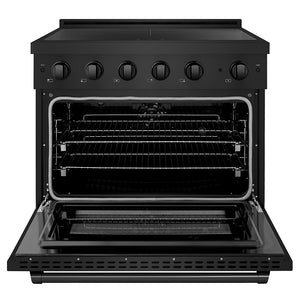 ZLINE 36 in. 5.2 cu. ft. Paramount Induction Range with 5 Element Cooktop and Electric Convection Oven in Black Stainless Steel (SINRB-36) front, oven open.