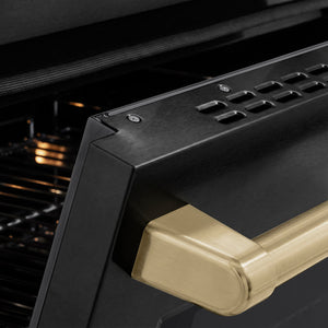 ZLINE Autograph Edition 24 in. 3.2 cu. ft. Paramount Induction Range with 3 Element Cooktop and Electric Convection Oven in Black Stainless Steel with Champagne Bronze Accents (SINRBZ-24-CB) close-up, oven slightly open, showing oven door handle.