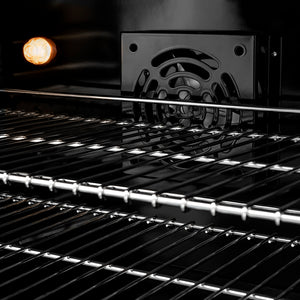 ZLINE Autograph Edition 24 in. 3.2 cu. ft. Paramount Induction Range with 3 Element Cooktop and Electric Convection Oven in Black Stainless Steel with Polished Gold Accents (SINRBZ-24-G) convection fan and lighting inside oven.