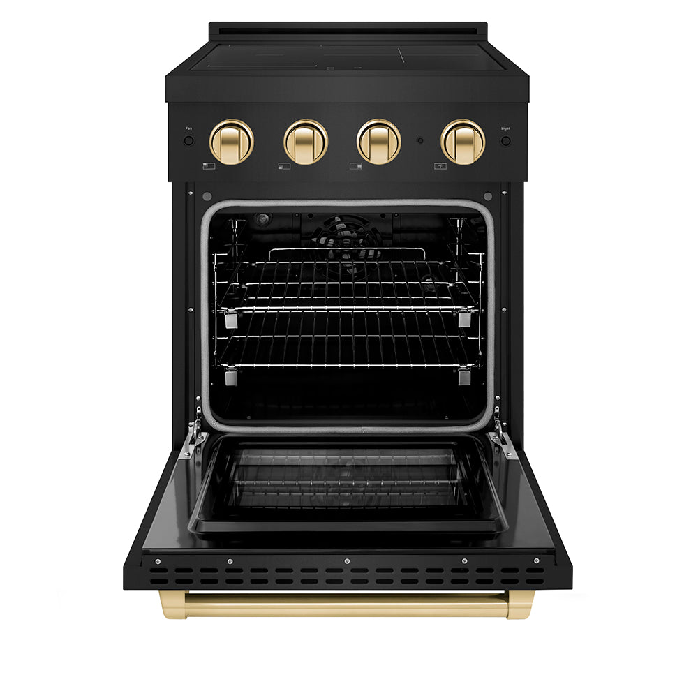 ZLINE Autograph Edition 24 in. 3.2 cu. ft. Paramount Induction Range with 3 Element Cooktop and Electric Convection Oven in Black Stainless Steel with Polished Gold Accents (SINRBZ-24-G) front, oven open.