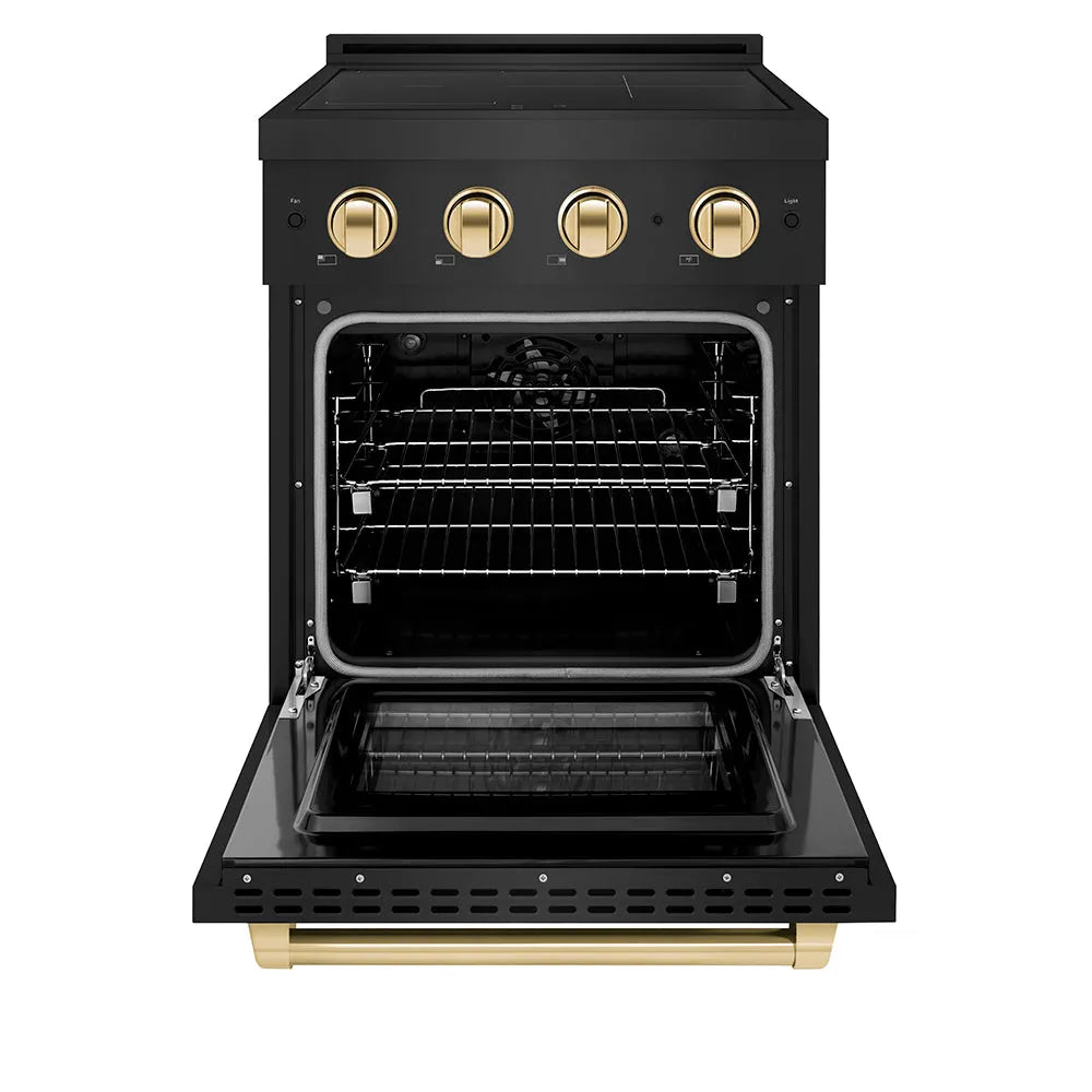ZLINE Autograph Edition 24 in. 3.2 cu. ft. Paramount Induction Range with 3 Element Cooktop and Electric Convection Oven in Black Stainless Steel with Polished Gold Accents (SINRBZ-24-G) front, oven open.
