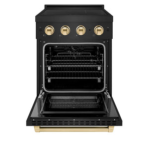 ZLINE Autograph Edition 24 in. 3.2 cu. ft. Paramount Induction Range with 3 Element Cooktop and Electric Convection Oven in Black Stainless Steel with Polished Gold Accents (SINRBZ-24-G) front, oven open.
