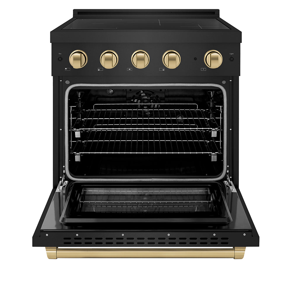 ZLINE Autograph Edition 30 in. 4.2 cu. ft. Paramount Induction Range with 4 Element Cooktop and Electric Convection Oven in Black Stainless Steel with Champagne Bronze Accents (SINRBZ-30-CB) front, oven open.