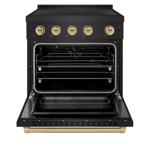 ZLINE Autograph Edition 30 in. 4.2 cu. ft. Paramount Induction Range with 4 Element Cooktop and Electric Convection Oven in Black Stainless Steel with Champagne Bronze Accents (SINRBZ-30-CB) front, oven open.