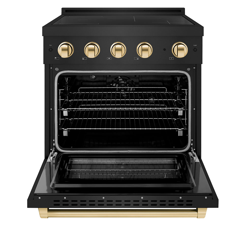 ZLINE Autograph Edition 30 in. 4.2 cu. ft. Paramount Induction Range with 4 Element Cooktop and Electric Convection Oven in Black Stainless Steel with Polished Gold Accents (SINRBZ-30-G) front, oven open.