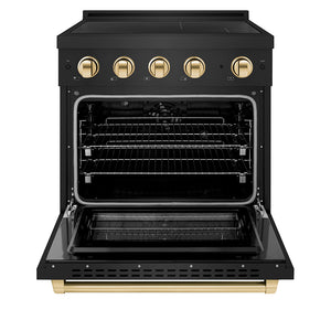 ZLINE Autograph Edition 30 in. 4.2 cu. ft. Paramount Induction Range with 4 Element Cooktop and Electric Convection Oven in Black Stainless Steel with Polished Gold Accents (SINRBZ-30-G) front, oven open.