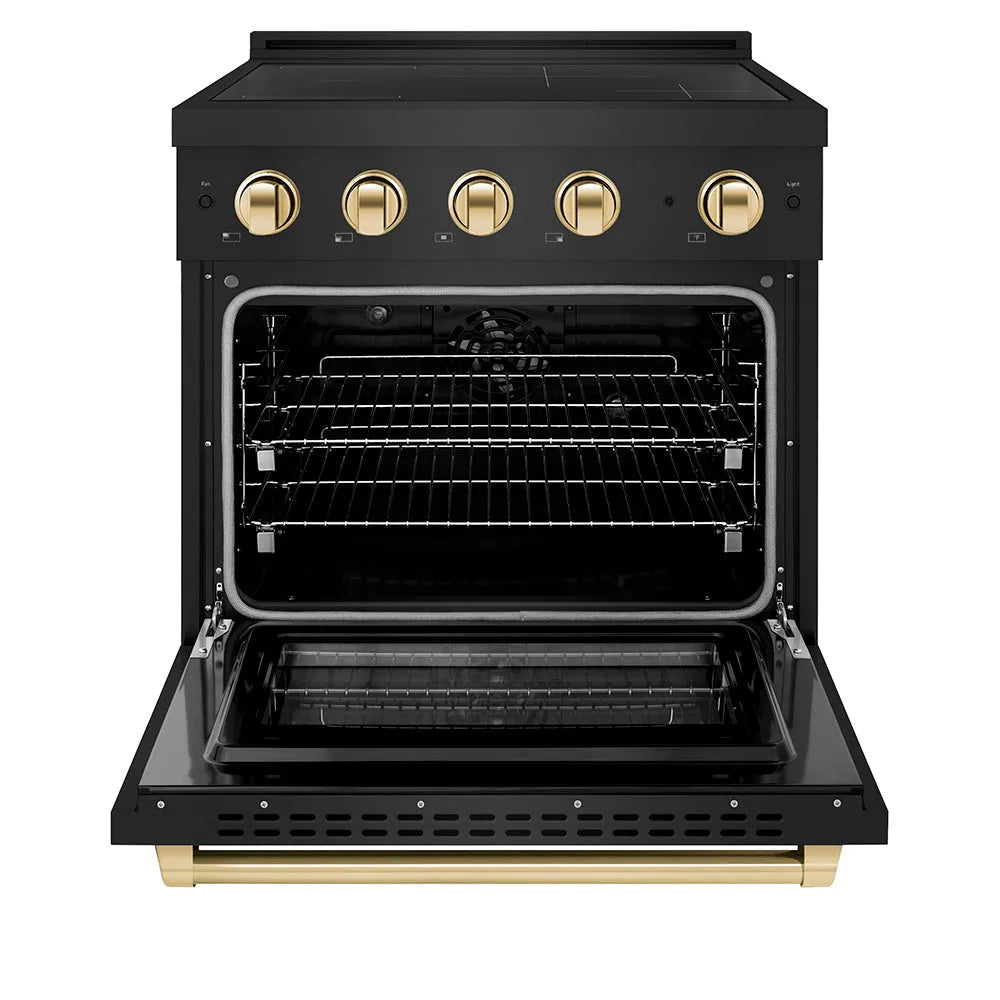 ZLINE Autograph Edition 30 in. 4.2 cu. ft. Paramount Induction Range with 4 Element Cooktop and Electric Convection Oven in Black Stainless Steel with Polished Gold Accents (SINRBZ-30-G) front, oven open.