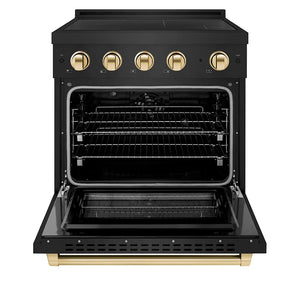 ZLINE Autograph Edition 30 in. 4.2 cu. ft. Paramount Induction Range with 4 Element Cooktop and Electric Convection Oven in Black Stainless Steel with Polished Gold Accents (SINRBZ-30-G) front, oven open.