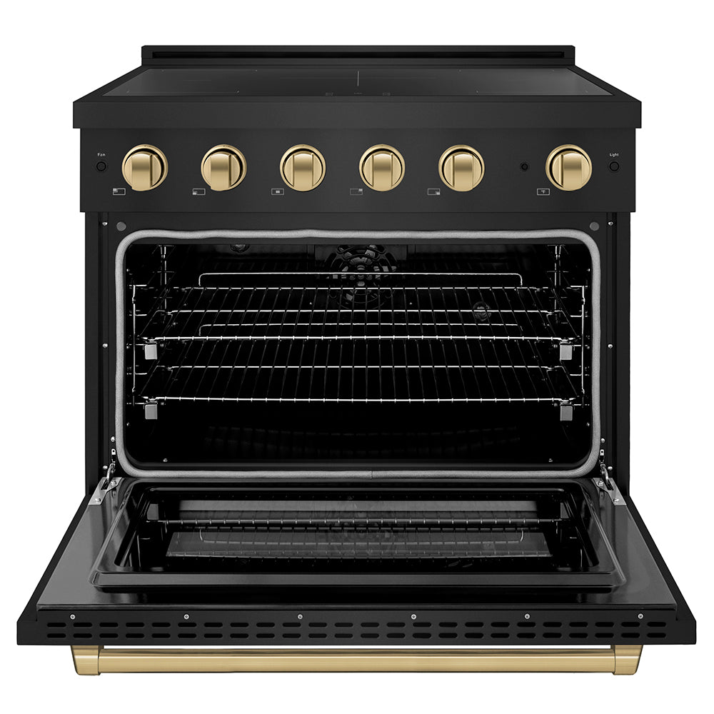 ZLINE Autograph Edition 36 in. 5.2 cu. ft. Paramount Induction Range with 5 Element Cooktop and Electric Convection Oven in Black Stainless Steel with Champagne Bronze Accents (SINRBZ-36-CB) front, oven open.