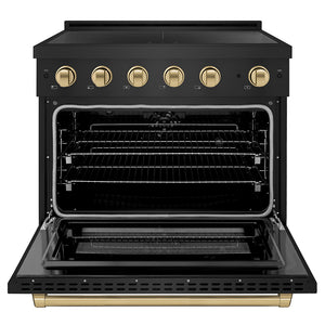 ZLINE Autograph Edition 36 in. 5.2 cu. ft. Paramount Induction Range with 5 Element Cooktop and Electric Convection Oven in Black Stainless Steel with Champagne Bronze Accents (SINRBZ-36-CB) front, oven open.