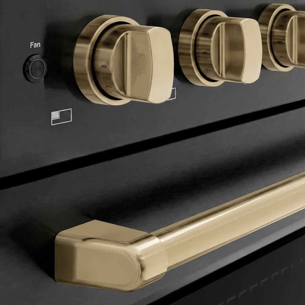 ZLINE Autograph Edition 36 in. 5.2 cu. ft. Paramount Induction Range with 5 Element Cooktop and Electric Convection Oven in Black Stainless Steel with Champagne Bronze Accents (SINRBZ-36-CB) close-up, cooktop and oven knobs.