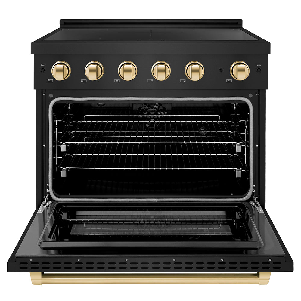 ZLINE Autograph Edition 36 in. 5.2 cu. ft. Paramount Induction Range with 5 Element Cooktop and Electric Convection Oven in Black Stainless Steel with Polished Gold Accents (SINRBZ-36-G) front, oven open.