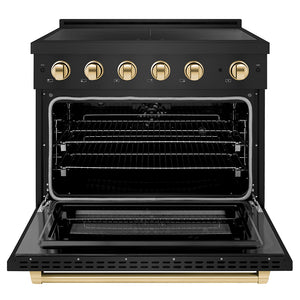 ZLINE Autograph Edition 36 in. 5.2 cu. ft. Paramount Induction Range with 5 Element Cooktop and Electric Convection Oven in Black Stainless Steel with Polished Gold Accents (SINRBZ-36-G) front, oven open.