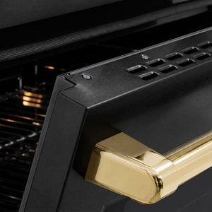 ZLINE Autograph Edition 36 in. 5.2 cu. ft. Paramount Induction Range with 5 Element Cooktop and Electric Convection Oven in Black Stainless Steel with Polished Gold Accents (SINRBZ-36-G) close-up, oven slightly open, showing oven door handle.
