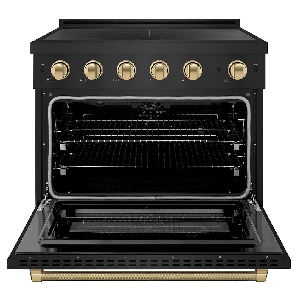 ZLINE Autograph Edition 36 in. 5.2 cu. ft. Paramount Induction Range with 5 Element Cooktop and Electric Convection Oven in Black Stainless Steel with Champagne Bronze Helix Handle and Knob Accents (SINRBZ-36-KCB) front, oven open.