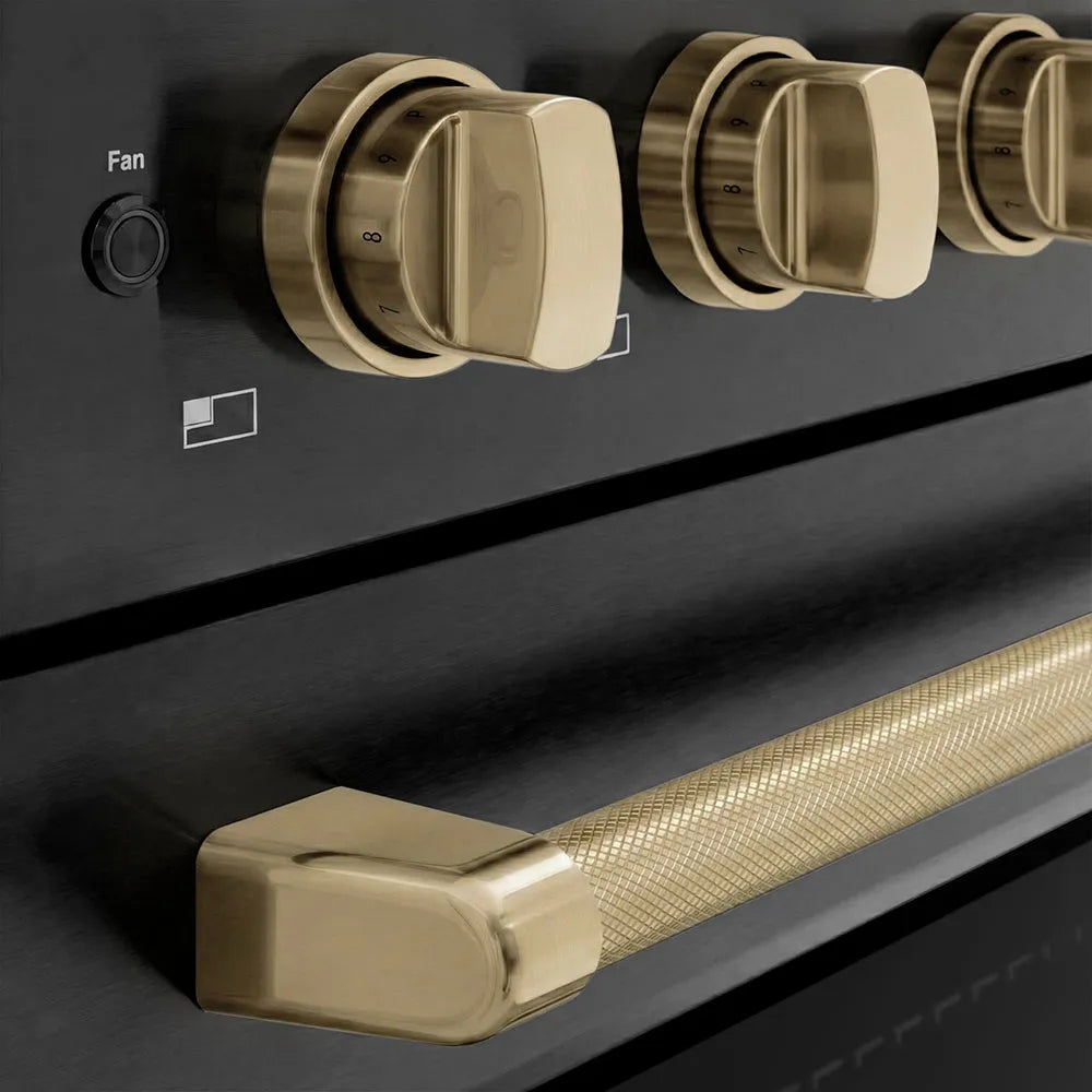 ZLINE Autograph Edition 36 in. 5.2 cu. ft. Paramount Induction Range with 5 Element Cooktop and Electric Convection Oven in Black Stainless Steel with Champagne Bronze Helix Handle and Knob Accents (SINRBZ-36-KCB) close-up, cooktop and oven knobs.