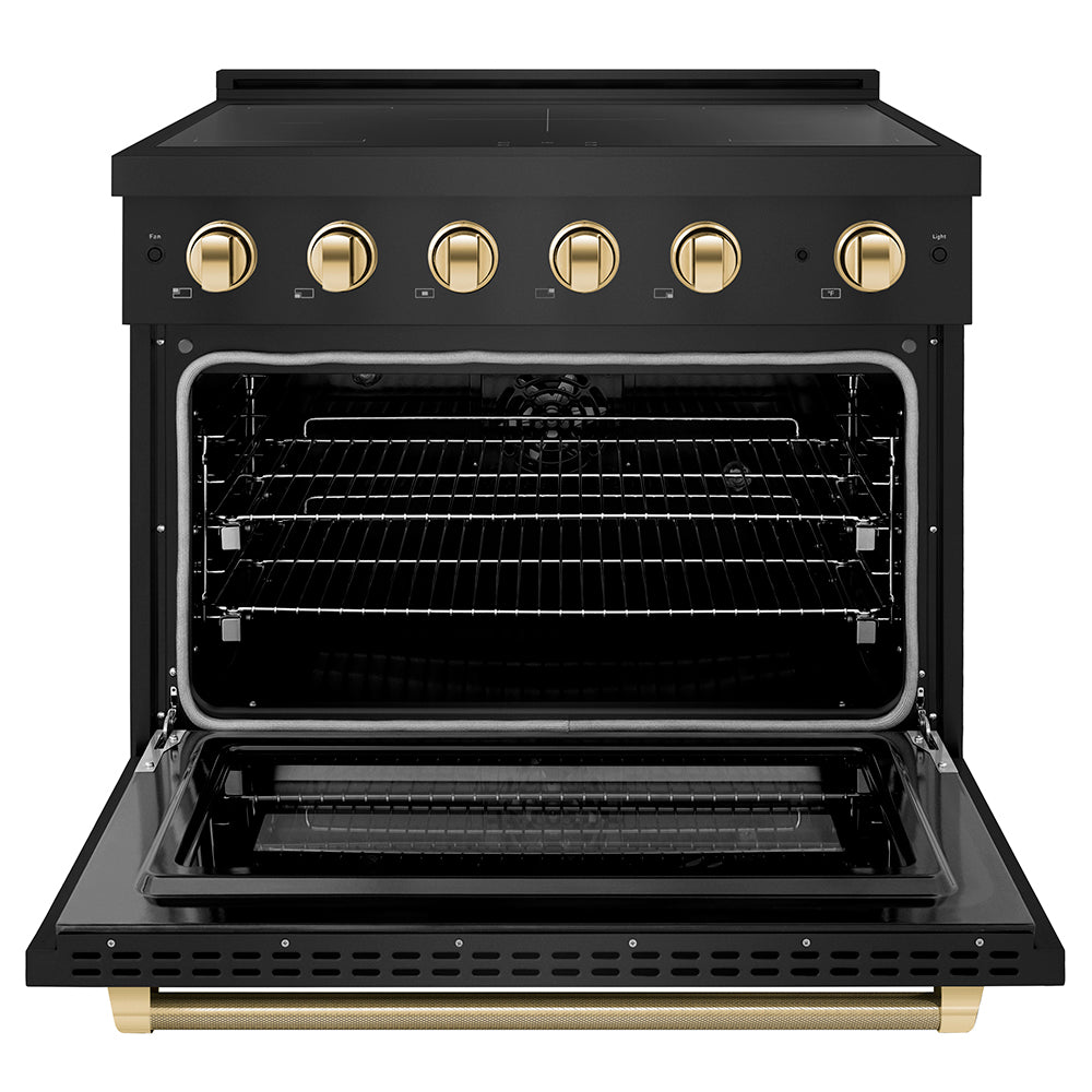 ZLINE Autograph Edition 36 in. 5.2 cu. ft. Paramount Induction Range with 5 Element Cooktop and Electric Convection Oven in Black Stainless Steel with Polished Gold Helix Handle and Knob Accents (SINRBZ-36-KG) front, oven open.