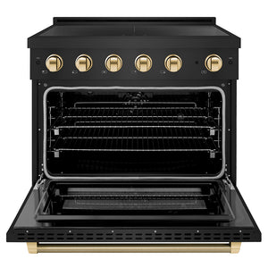 ZLINE Autograph Edition 36 in. 5.2 cu. ft. Paramount Induction Range with 5 Element Cooktop and Electric Convection Oven in Black Stainless Steel with Polished Gold Helix Handle and Knob Accents (SINRBZ-36-KG) front, oven open.