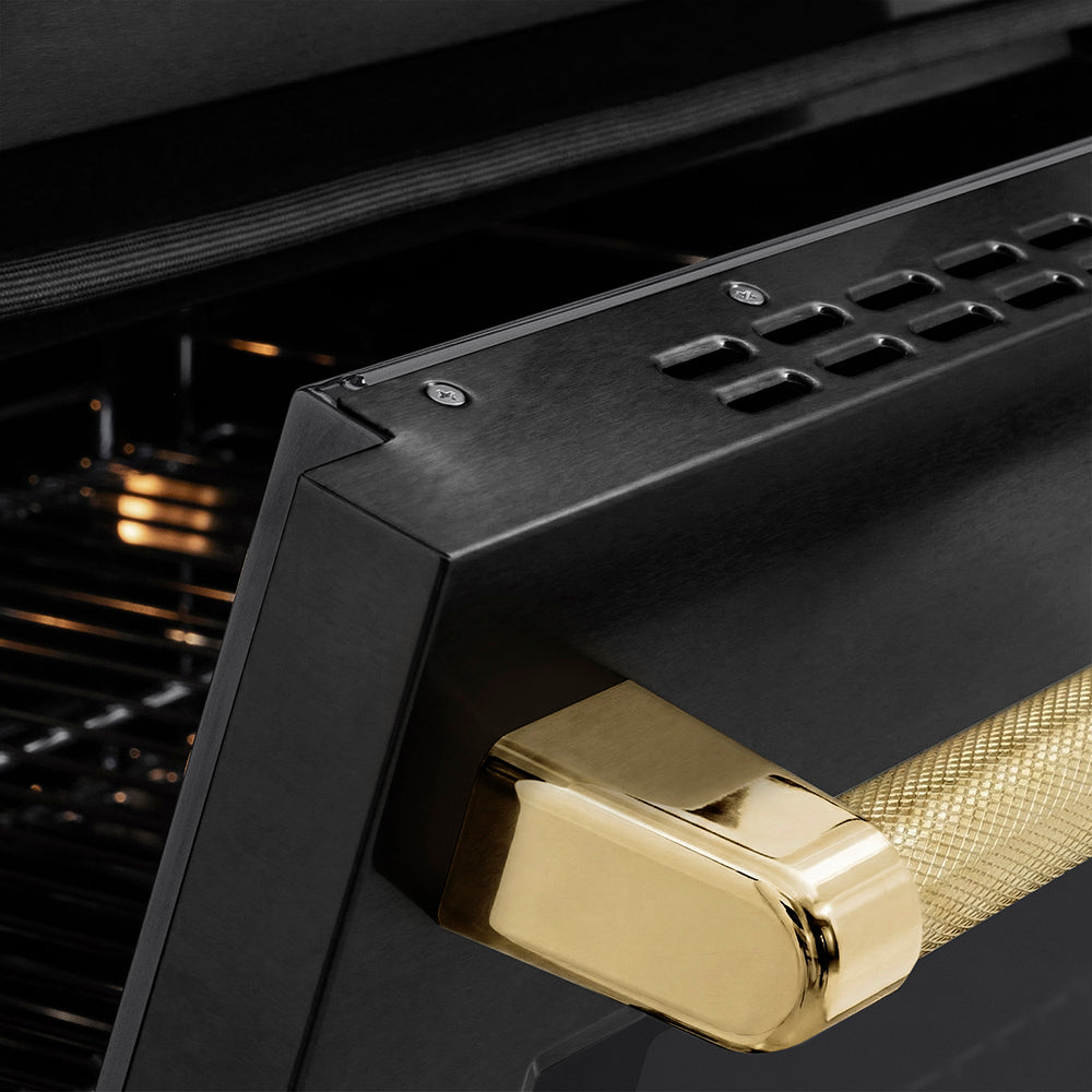 ZLINE Autograph Edition 36 in. 5.2 cu. ft. Paramount Induction Range with 5 Element Cooktop and Electric Convection Oven in Black Stainless Steel with Polished Gold Helix Handle and Knob Accents (SINRBZ-36-KG) close-up, oven slightly open, showing oven door handle.