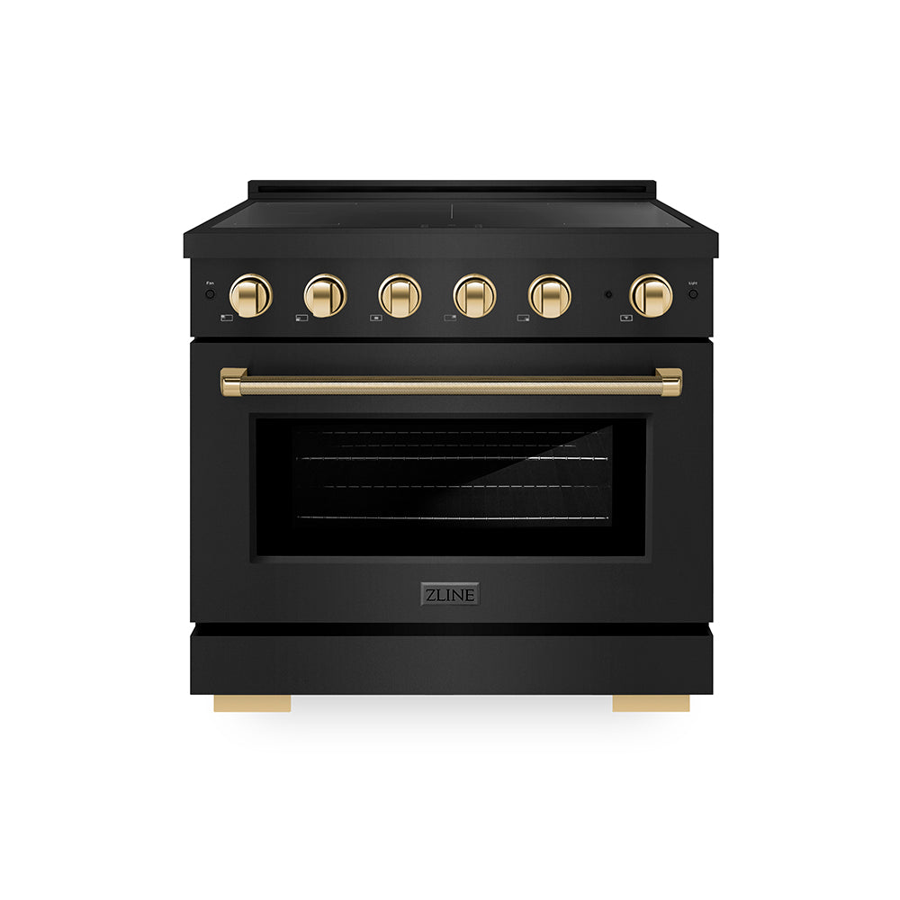 ZLINE Autograph Edition 36 in. 5.2 cu. ft. Paramount Induction Range with 5 Element Cooktop and Electric Convection Oven in Black Stainless Steel with Polished Gold Helix Handle and Knob Accents (SINRBZ-36-KG)