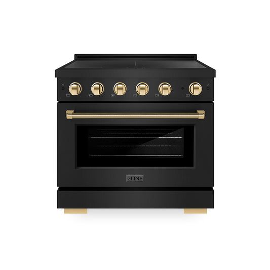 ZLINE Autograph Edition 36 in. 5.2 cu. ft. Paramount Induction Range with 5 Element Cooktop and Electric Convection Oven in Black Stainless Steel with Polished Gold Helix Handle and Knob Accents (SINRBZ-36-KG)